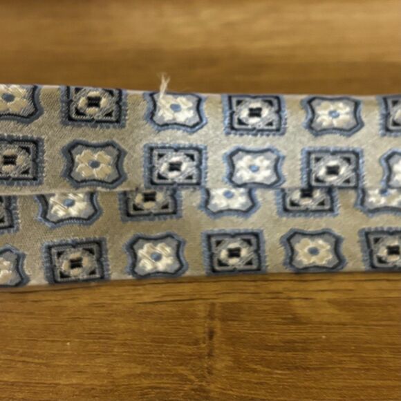Burma Bibas Silk Tie Silver Blue Geometric Square Pattern Formal Business - Picture 7 of 8